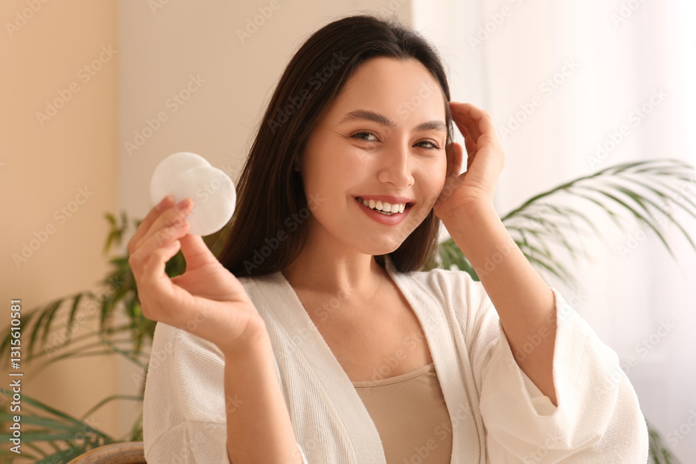 Happy young woman in bathrobe with cotton pads for removing makeup at home Happy young woman in bathrobe with cotton pads for removing makeup at home