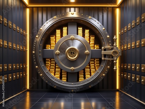 High security steel bank vault door with gold bullion bars stacked neatly inside, glowing under warm lighting, symbolizing wealth, finance, protection and economic power

