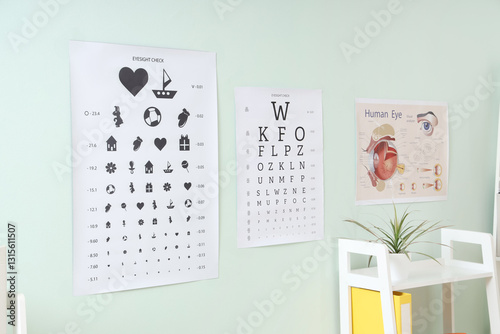Eye test charts on green wa...