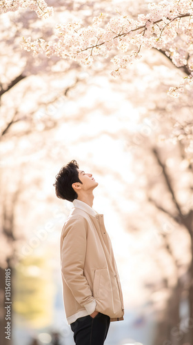 はる 春 日本人 日本 桜 さくら アーチ 男性 モデル ポートレート 顔 ピンク 空白 コビースペース