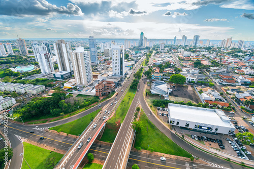 Beautiful aerial view of Campo Grande city. The landscape of the city with the Afonso Pena Avenue in the center, the main avenue of Campo Grande MS Brazil.