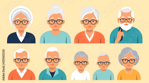 Demographic problems. Increase in the number of old population, aging of the nation, reduced number of newborns, decrease in fertility, mortality outweighs fertility. Flat vector illustration.