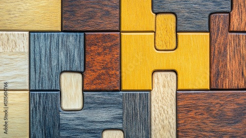 Wooden puzzle pieces, interlocking design, close-up, textured background, craft