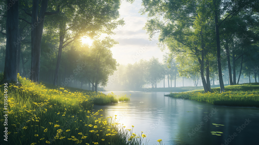 Obraz premium Breathtaking View of a Calm River Flowing Through a Lush Forest for Nature Enthusiasts