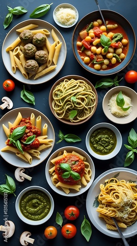 Wallpaper Mural Delicious assortment of Italian pasta dishes served with meatballs, cheese, pesto, and fresh basil on a dark background, showcasing gourmet cuisine, comfort food, and Mediterranean flavor.

 Torontodigital.ca