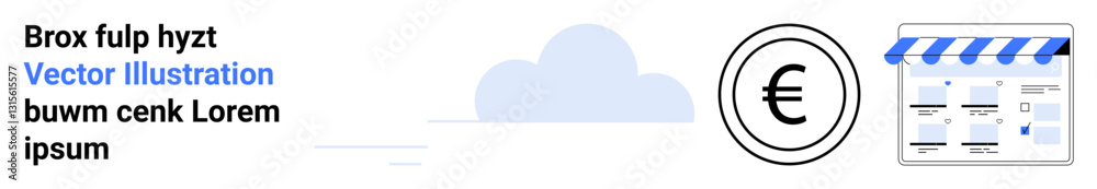Cartoon store with striped awning, euro currency sign inside circle, and cloud in the background. Ideal for e-commerce, online payment solutions, digital business, finance management, shopping, cloud Cartoon store with striped awning, euro currency sign inside circle, and cloud in the background. Ideal for e-commerce, online payment solutions, digital business, finance management, shopping, cloud