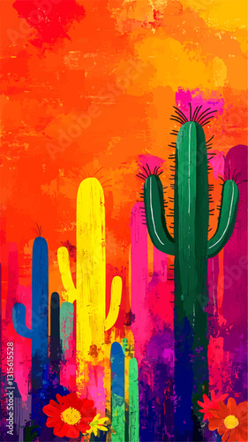 Vector illustration of a vibrant desert landscape featuring colorful cacti at sunset