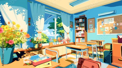 Vibrant vector illustration of an empty classroom bathed in sunlight, featuring flowers on the windowsill and a tranquil atmosphere
