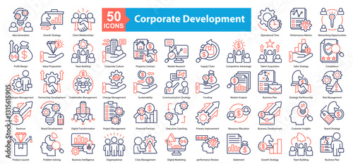 Corporate Development icon sheet Idea Generation, Property Contract, Change Management, Digital Transformation, Problem Solving, Growth Strategy, Client Relationships, Operational Time, Performance