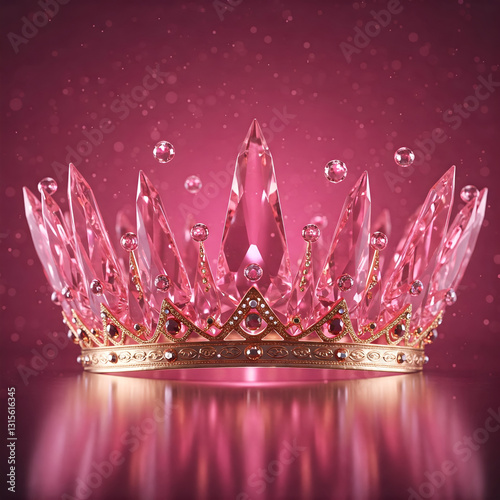 AI generated image a  close-up shot of a luxurious pink crystal crown with sharp spikes and sparkling gemstones, set against a blurred pink background with floating sparkles