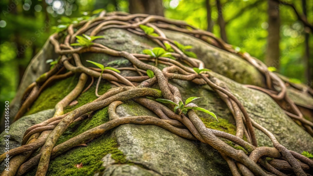 Majestic tree with vines gracefully climbing over a large rock in a tranquil natural setting Majestic tree with vines gracefully climbing over a large rock in a tranquil natural setting