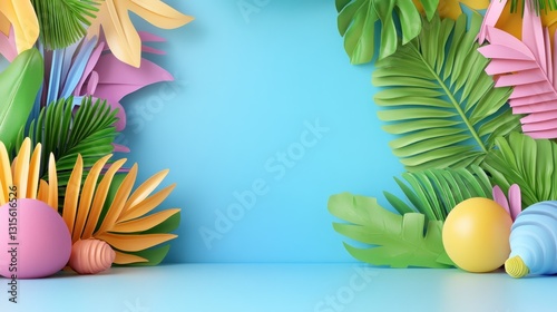 Easter holiday themed card with painted eggs and tropical leaves. Background is a pastel blue