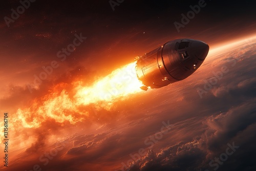 Blazing Re-Entry: Space Capsule Descends Through Earth's Atmosphere, Fiery Trail Marking the Descent Back to the Planet, Dramatic Scene of Aerodynamic Heating.