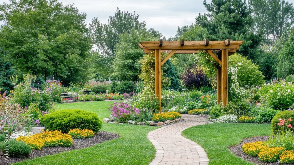 Beautifully designed backyard garden with a wooden arbor, winding garden paths, and flowering shrubs along the way Beautifully designed backyard garden with a wooden arbor, winding garden paths, and flowering shrubs along the way