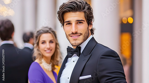 A handsome man in a formal suit is smiling graciously photo