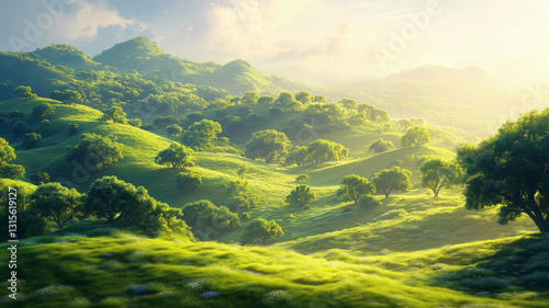 Sunrise over lush green valley, trees, pond, mountain backdrop
