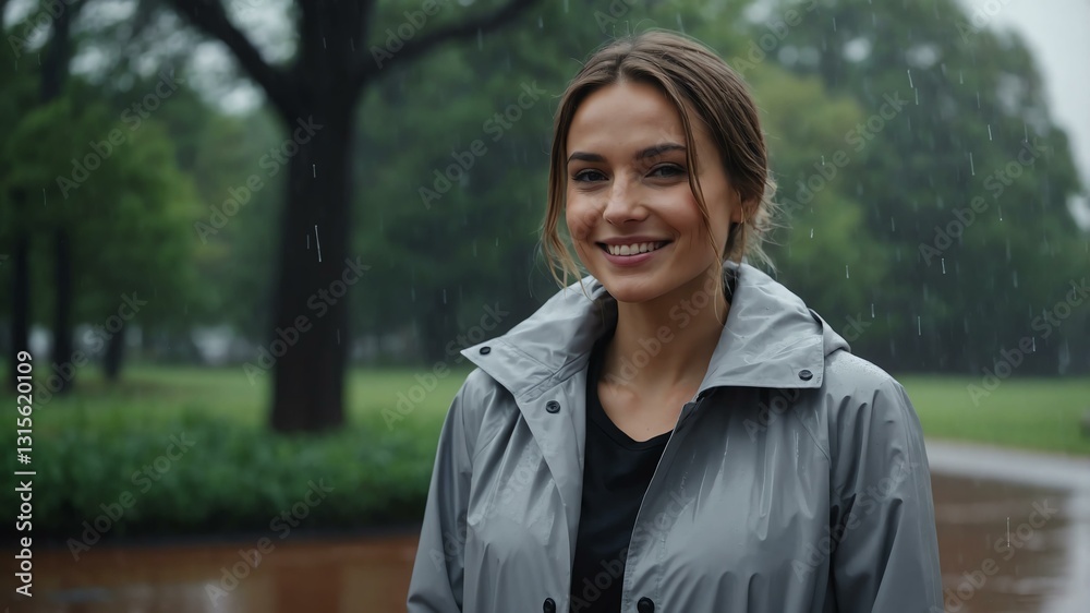 Good-looking caucasian woman in gray raincoat on a rainy park background smiling for ad concept space for text Good-looking caucasian woman in gray raincoat on a rainy park background smiling for ad concept space for text