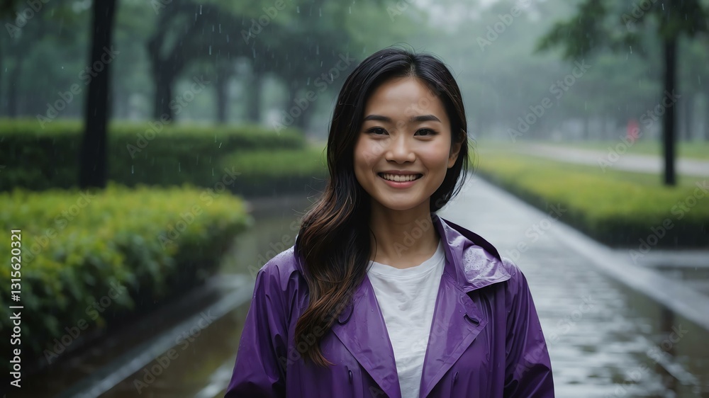 Good-looking asian woman in purple raincoat on a rainy park background smiling for ad concept space for text Good-looking asian woman in purple raincoat on a rainy park background smiling for ad concept space for text