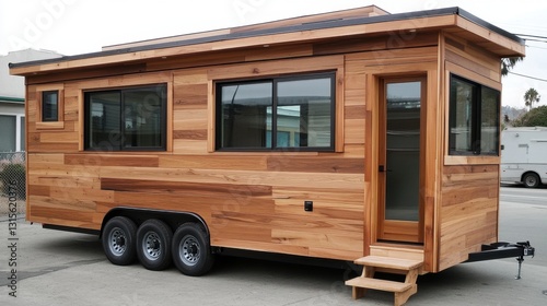 Compact tiny wooden house with a modern design, large windows, and energy-efficient features