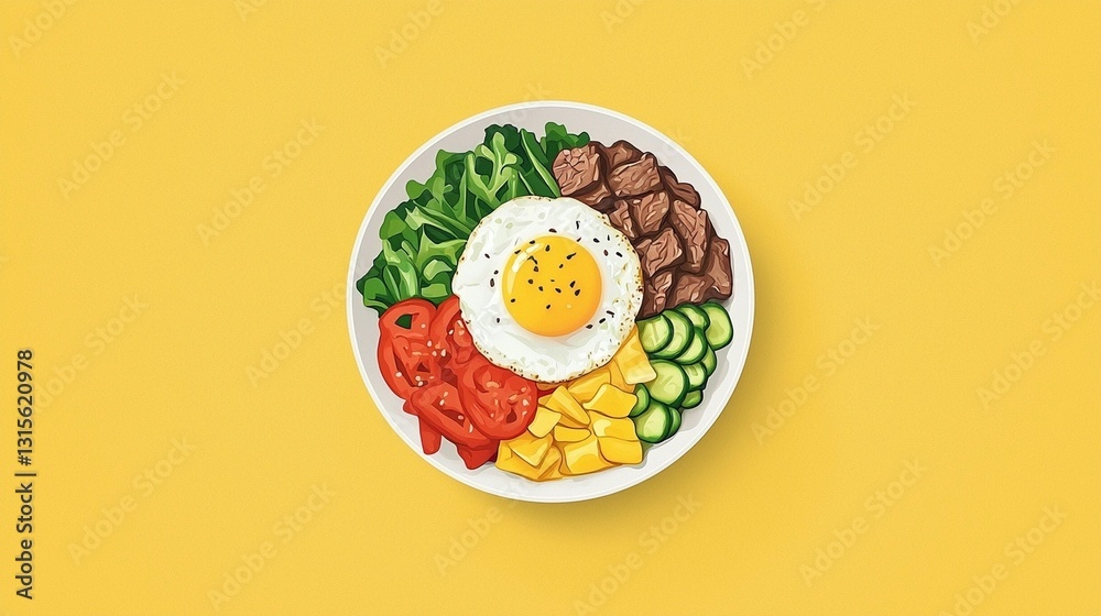 Delicious bibimbap bowl with beef, egg, vegetables, and rice.