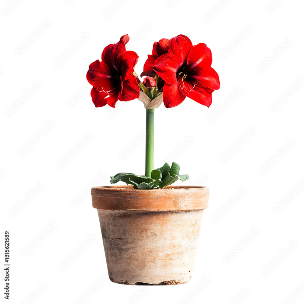A Potted Amaryllis Plant with Large Red Flowers Isolated on Transparent Background A Potted Amaryllis Plant with Large Red Flowers Isolated on Transparent Background
