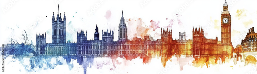 Fototapeta premium Vibrant watercolor skyline of London showcasing iconic landmarks in a colorful artistic style, perfect for modern decor. 