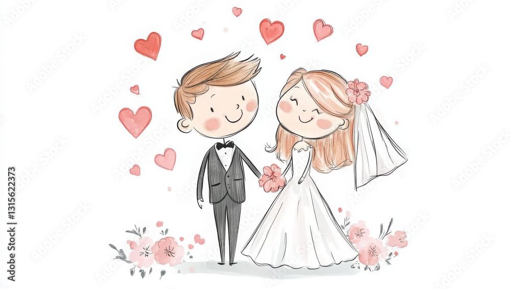 A charming illustration of a happy couple in love, surrounded by hearts, perfect for wedding and romance themes.
A charming illustration of a happy couple in love, surrounded by hearts, perfect for wedding and romance themes.
