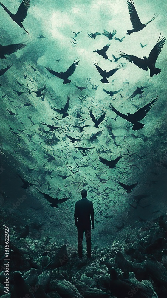 Fototapeta premium Surrounded by Birds: A Dark and Brooding Atmosphere