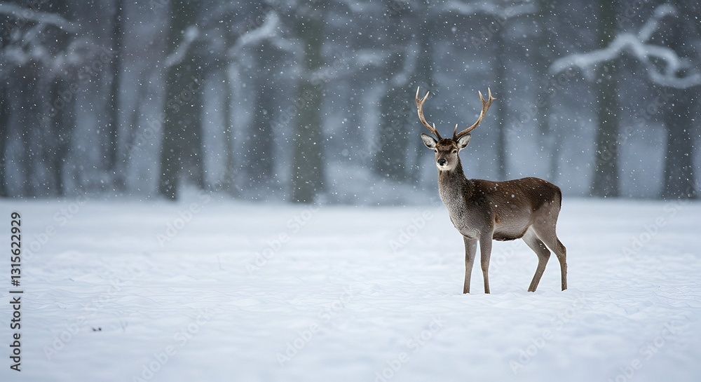 Deer Standing Calmly in Snowy Winter Forest During Snowfall Deer Standing Calmly in Snowy Winter Forest During Snowfall