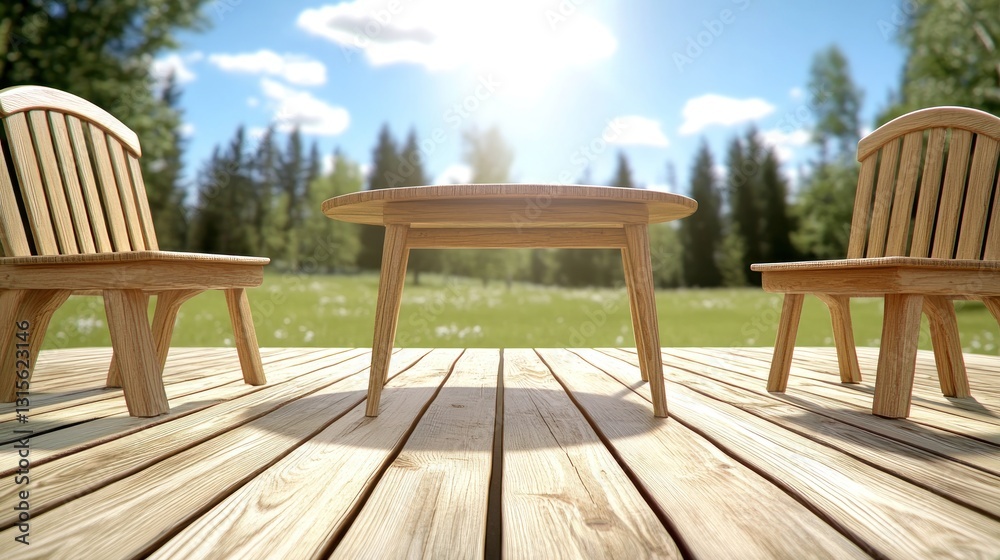 Empty table and chairs on deck. Sunlight and green meadow in the background. Outdoor dining concept Empty table and chairs on deck. Sunlight and green meadow in the background. Outdoor dining concept