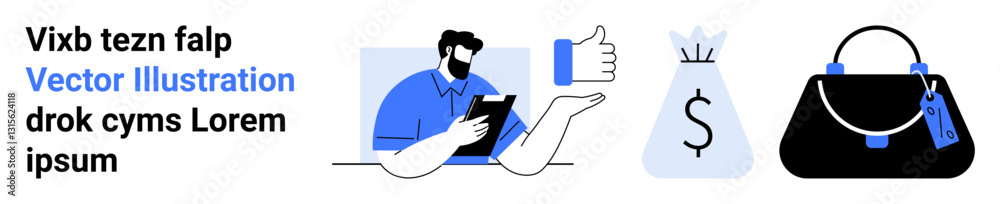 Man interacts with a tablet, thumbs-up gesture, money bag with dollar sign, and handbag representing success, shopping, finance, digital interaction. Ideal for e-commerce, retail banking digital Man interacts with a tablet, thumbs-up gesture, money bag with dollar sign, and handbag representing success, shopping, finance, digital interaction. Ideal for e-commerce, retail banking digital