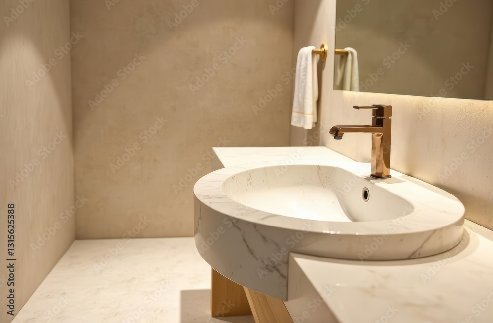 Fototapeta premium An elegant bathroom with a marble sink and stylish finish. Large plan of the sink with reflections of light, Beige Tones, copy space