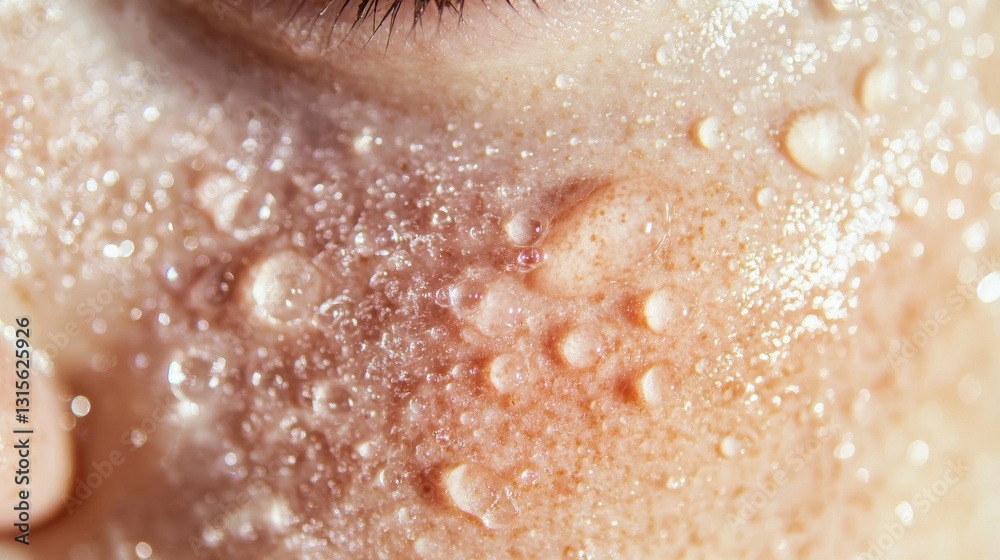 Fototapeta premium extreme macro photography of natural freckles scattered across dewy skin, soft morning light highlighting skin texture, droplets of moisturizer being absorbed, visible pores, translucent cream