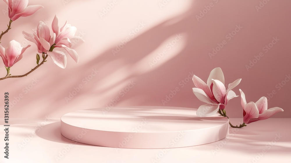elevated round platform with smooth beveled edges, blush pink seamless background, ethereal cast shadows, scattered magnolia blooms, minimalist product scene, architectural simplicity, top-down elevated round platform with smooth beveled edges, blush pink seamless background, ethereal cast shadows, scattered magnolia blooms, minimalist product scene, architectural simplicity, top-down