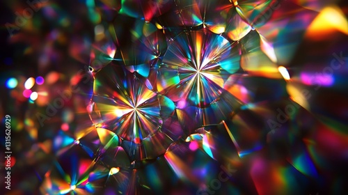 geometric light patterns from crystal refraction, pure spectrum rainbow separation floating in darkness, photorealistic caustic networks, jewelry studio lighting, multiple beam interference patterns,