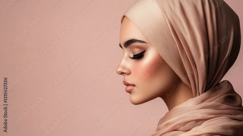 Naklejka premium elegant side profile of Arab woman in champagne colored headscarf, delicate makeup emphasizing long lashes, peaceful meditation pose, dusty rose background, fabric catching studio lights, high