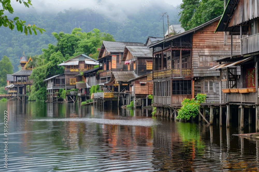 Obraz premium A picturesque view of traditional wooden houses built on stilts along a river in a misty Southeast Asian village, Riverside villages with wooden houses built on stilts overlooking the water