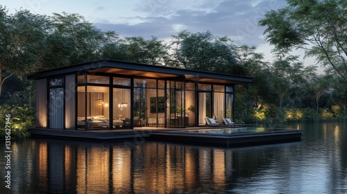 Floating modern villa with an overhanging deck, private infinity pool, and scenic water views