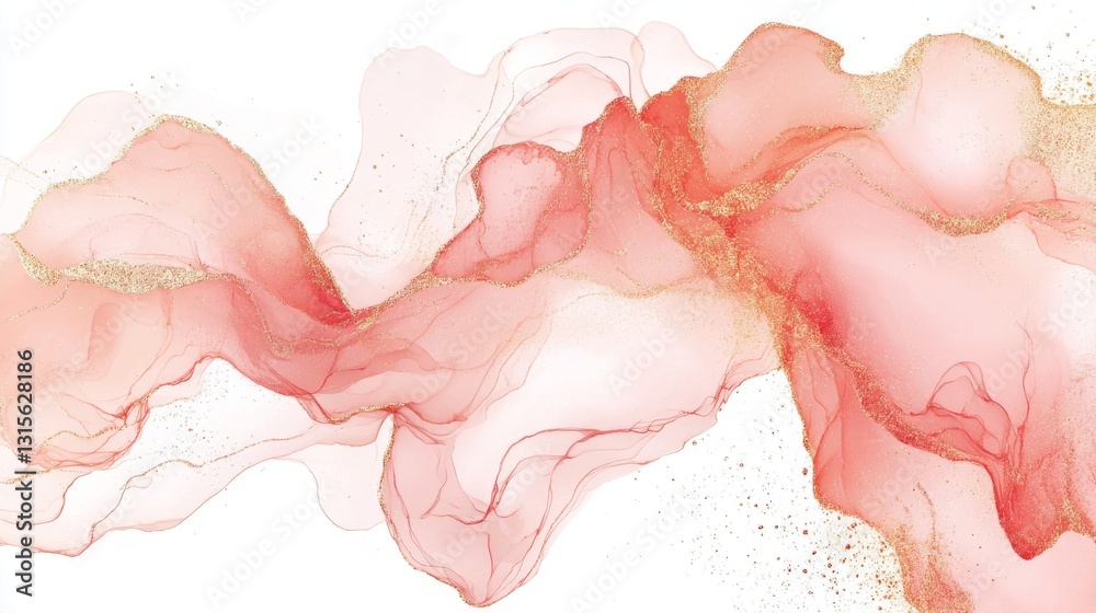 Fototapeta premium Luxurious blush and rose gold marble texture with flowing watercolor elements, crystalline geode structures emerging from organic ink splashes, delicate veil-like transparency layers, modern abstract