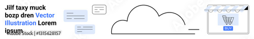 Cloud outline connects messages and a storefront with a shopping cart. Ideal for e-commerce, cloud technology, online communication, data sharing, retail, digital transactions, flat landing page