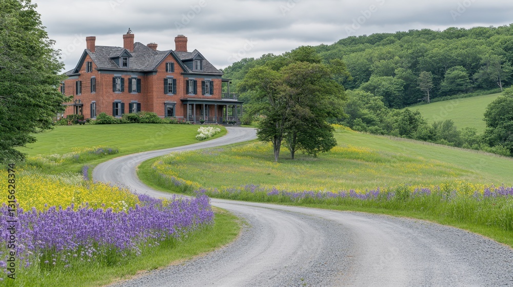Naklejka premium Grand country mansion with a tree-lined driveway, surrounded by green fields and wildflowers