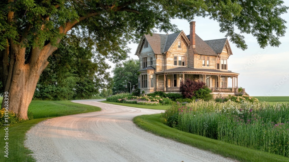 Naklejka premium Grand country mansion with a tree-lined driveway, surrounded by green fields and wildflowers