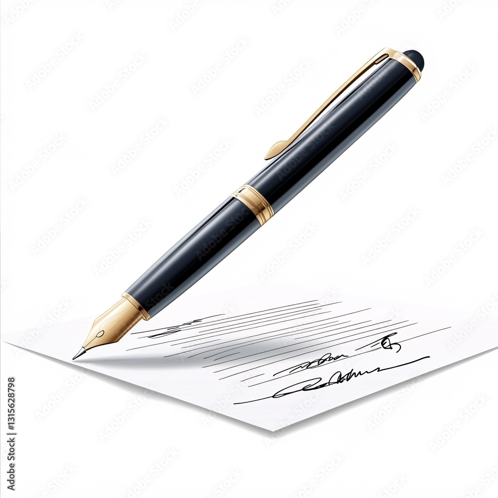 Contract Illustration Featuring a Signature and Fountain Pen on White Background