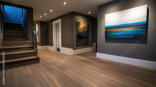 Home renovation showcasing updated flooring, freshly painted walls, and modern design details in the hallway