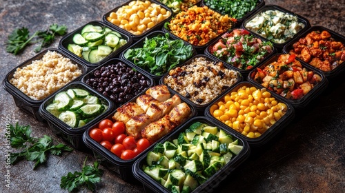 Colorful healthy meal prep containers on dark surface photo
