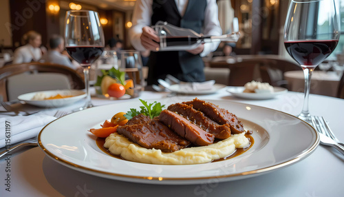 A luxurious five-star hotel restaurant table with an elegantly presented fried goat liver dish. The liver is cut into thick, juicy slices, served with a side of creamy mashed potatoes, gourmet vegetab photo