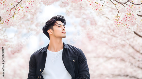 はる 春 日本人 日本 桜 さくら アーチ 男性 モデル ポートレート 顔 ピンク 空白 コビースペース