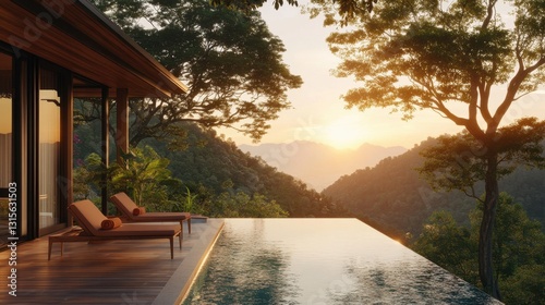 Luxury modern villa with an infinity pool overlooking a scenic mountain view at sunset