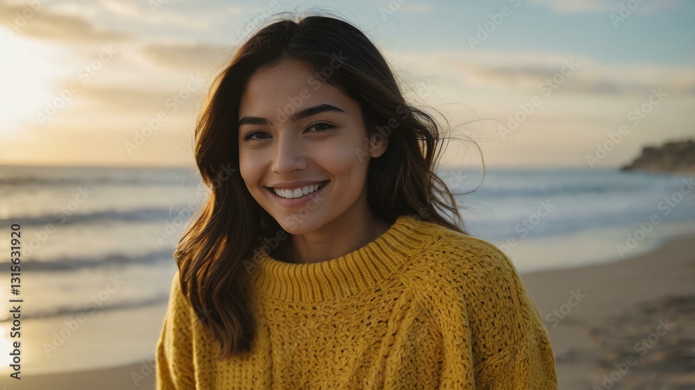 Good-looking young hispanic gal in yellow themed sweater on a beach smiling Good-looking young hispanic gal in yellow themed sweater on a beach smiling
