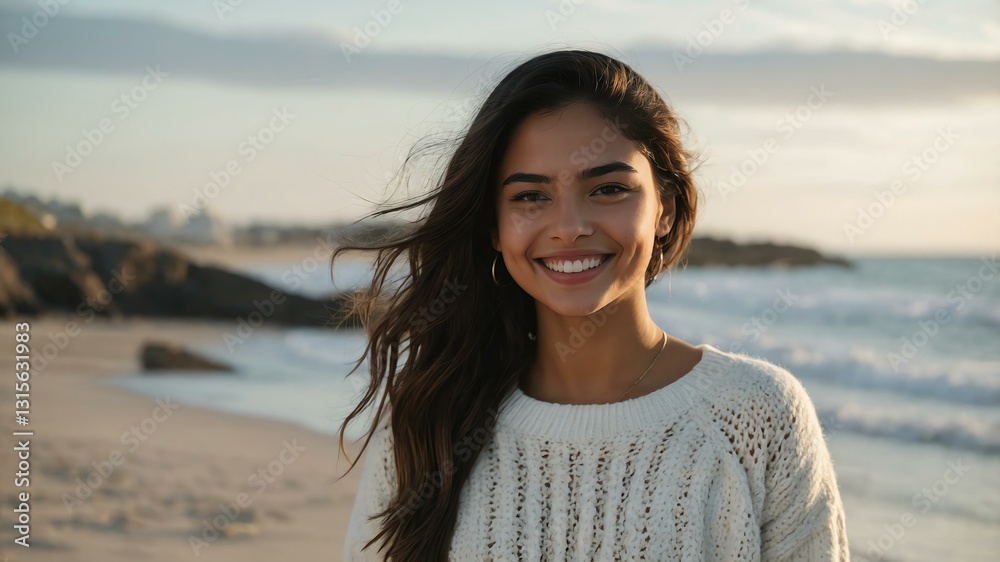 Good-looking young hispanic gal in white themed sweater on a beach smiling Good-looking young hispanic gal in white themed sweater on a beach smiling